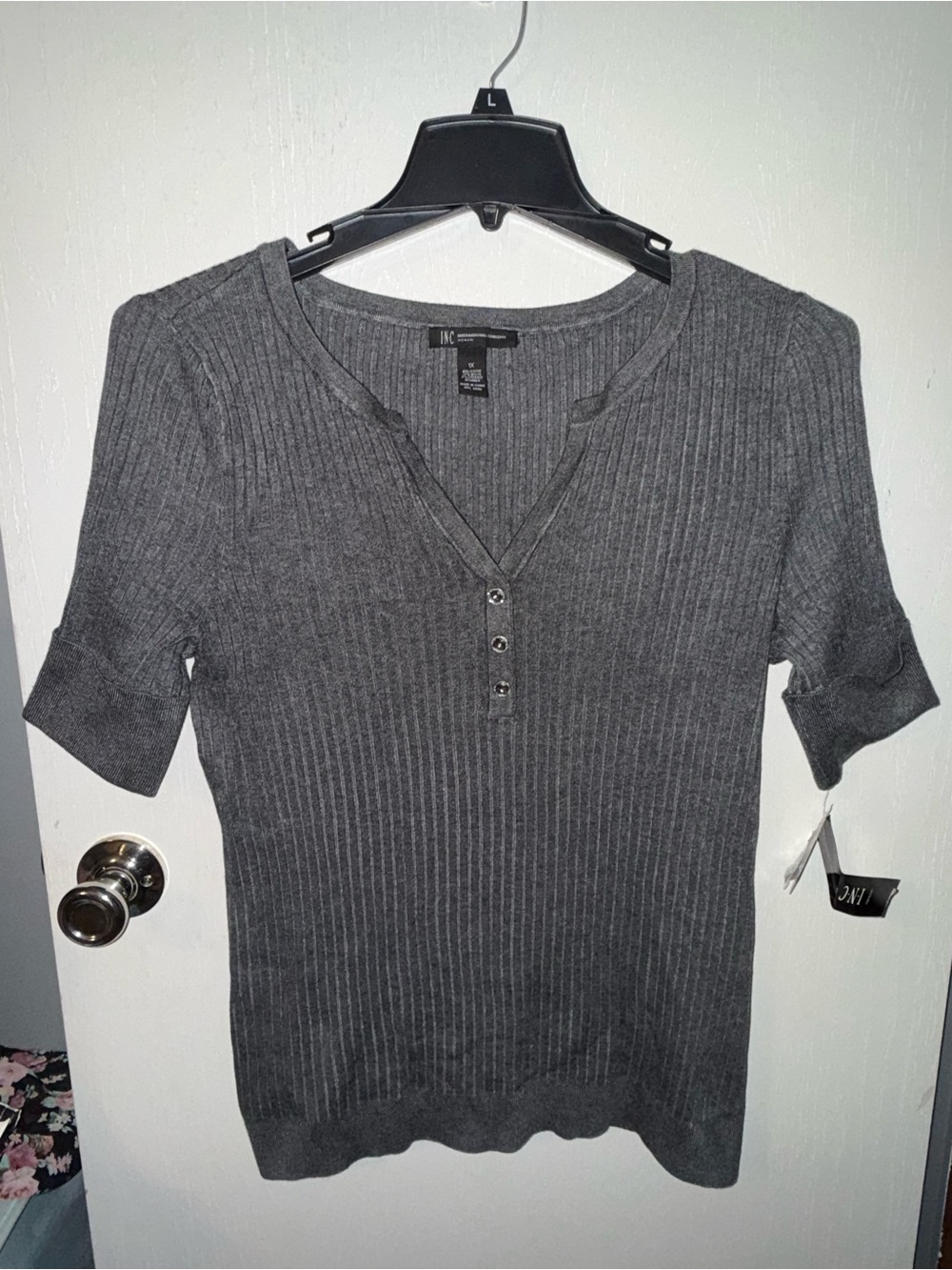 INC International Concepts Gray Ribbed Short Sleeve Henley Top